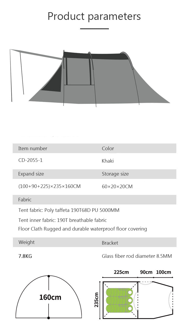 Chanodug Portable Outdoor Weather-Resistant Tunnel Camping Tent with Canopy and Courtyard Design - 415 x 235 × 160 cm