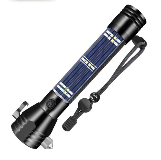Multifunctional Tactical Solar Flashlight for Emergency with Water Resistant Design, Alloy Hammerhead, Cutter & Compass