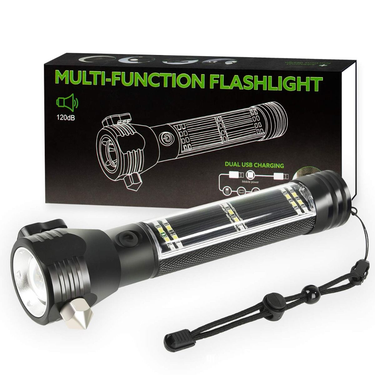 Multifunctional Tactical Solar Flashlight for Emergency with Water Resistant Design, Alloy Hammerhead, Cutter & Compass