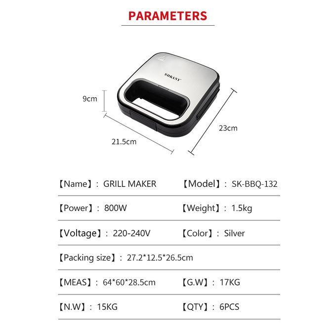 SOKANY Electric Grill and Sandwich Maker, 800W
