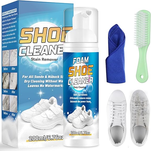 Shoe Cleaner, 200ml White Trainer Shoe Cleaner Foam, Powerful Stain Remover Shoe Cleaning Kit with Cleaning Brush & Cleaning Cloth for Shoes, Sneaker, Leather, Nubuck, Suede, Canvas