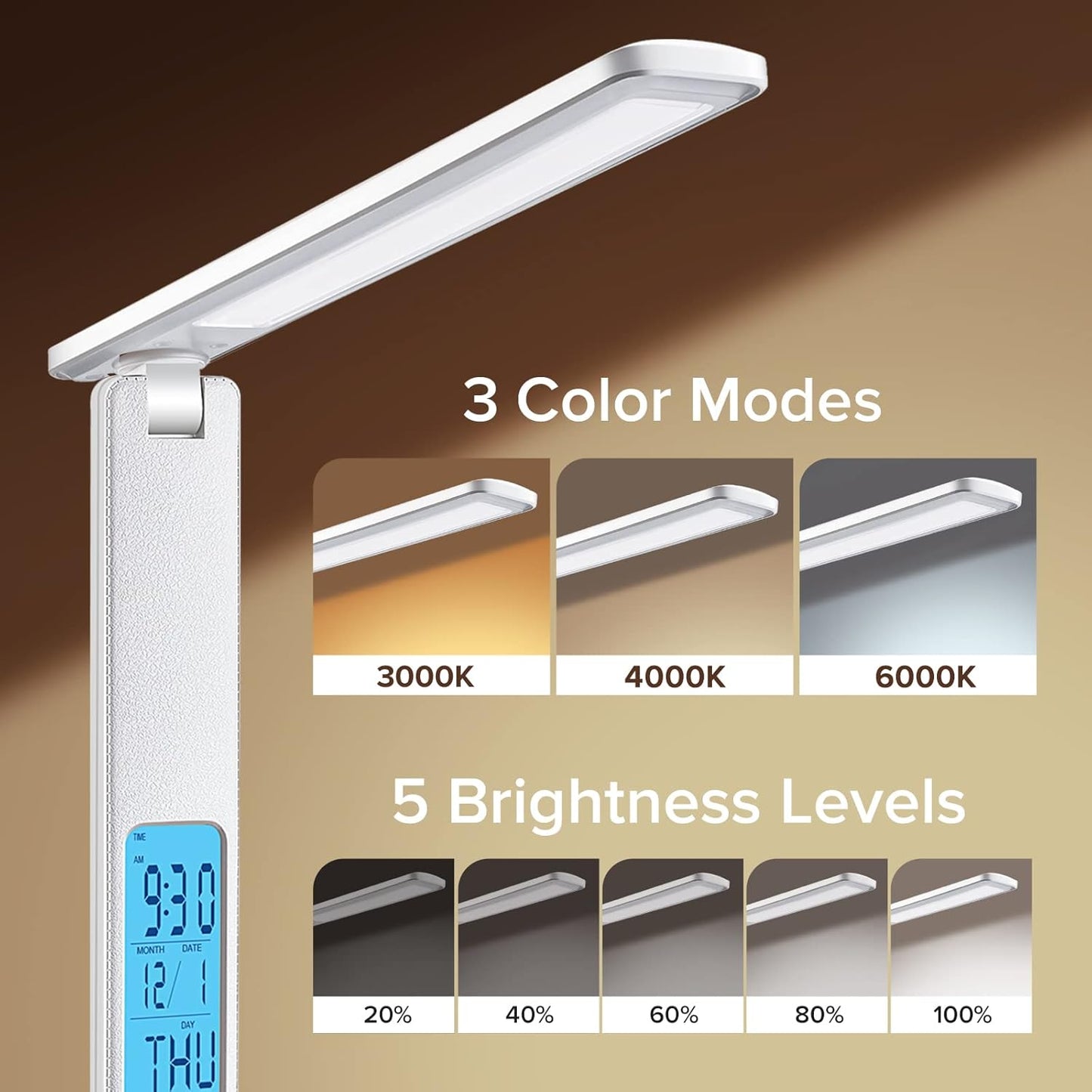 LOVEYBEAUTY Desk Lamp, LED Desk Lamp with Wireless Charger, USB Charging Port, Adjustable, Foldable Table Lamp with Clock, Alarm, Date, Temperature, 5 Levels of Dimmable Lighting, Office Lamp with Adapter