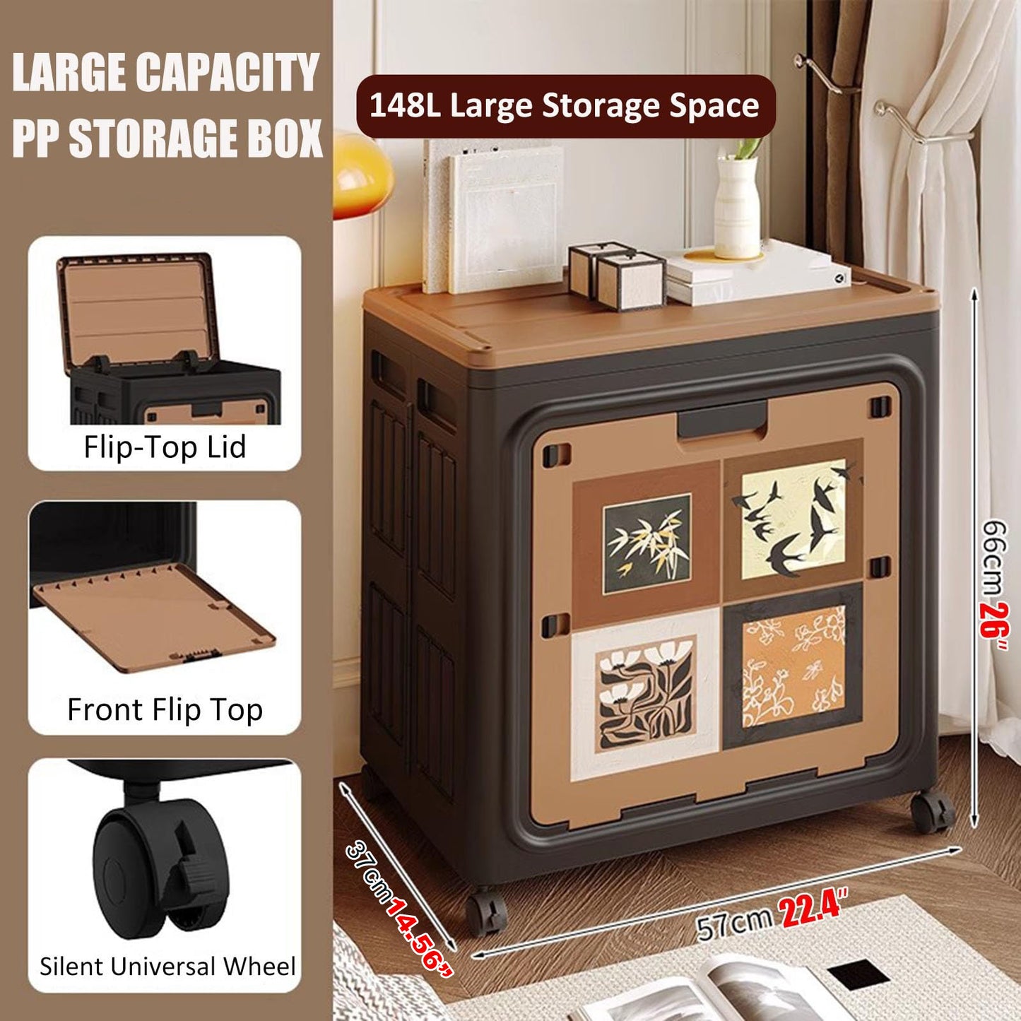 148L Foldable & Stackable Large Capacity PP Storage Box with Wheels for Bedroom, Living Room & Office Organization - 66 x 57 x 37 cm