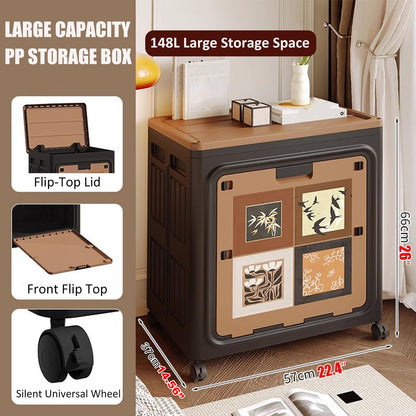 148L Foldable & Stackable Large Capacity PP Storage Box with Wheels for Bedroom, Living Room & Office Organization - 66 x 57 x 37 cm