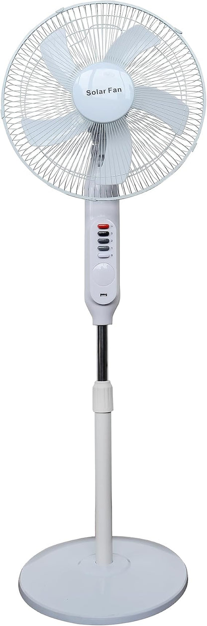 3-in-1 Rechargeable Solar Standing Fan – 16 Inch | Adjustable Height, LED Light, Speed Control & USB Charging Port