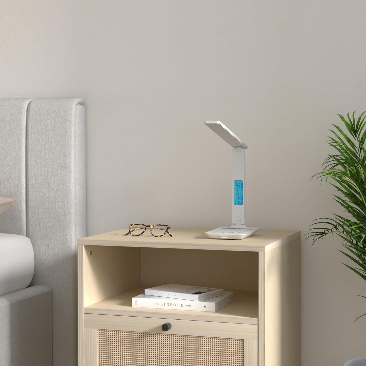 LOVEYBEAUTY Desk Lamp, LED Desk Lamp with Wireless Charger, USB Charging Port, Adjustable, Foldable Table Lamp with Clock, Alarm, Date, Temperature, 5 Levels of Dimmable Lighting, Office Lamp with Adapter