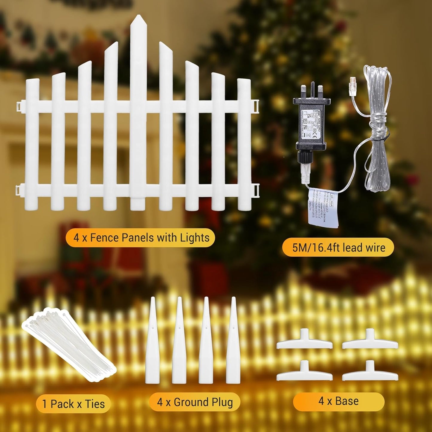Decorative LED Fence Lights with Easy Clip-On Installation & Multiple Modes - Set of 8 - Warm White (Total Size 280 x 28.5 cm)