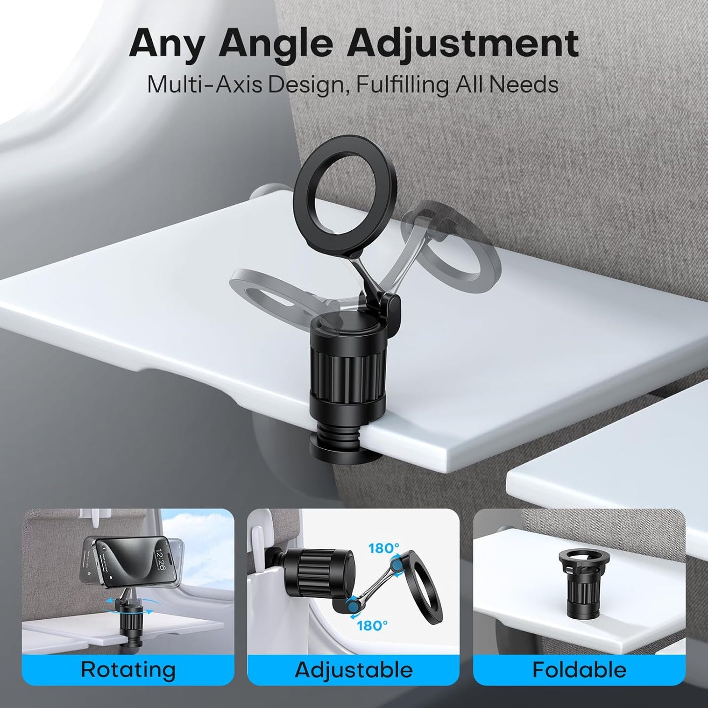 360°Rotating Magnetic Airplane Phone Holder Mount, for Magsafe Airplane Travel Essentials Accessories, Adjustable Foldable Universal Handsfree Phone Stand