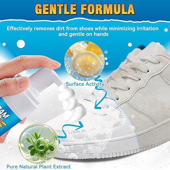 Shoe Cleaner, 200ml White Trainer Shoe Cleaner Foam, Powerful Stain Remover Shoe Cleaning Kit with Cleaning Brush & Cleaning Cloth for Shoes, Sneaker, Leather, Nubuck, Suede, Canvas