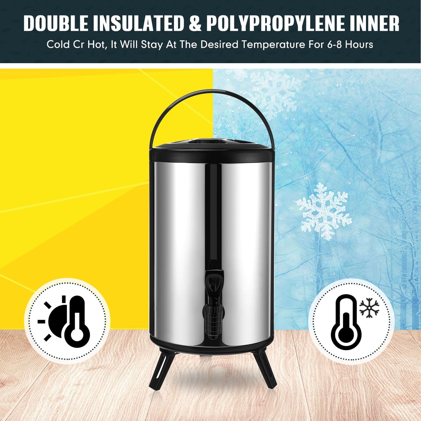 12L Triple-Layer Stainless Steel Beverage Dispenser with 304 Steel Liner, Foldable Tripod Stand, -30°C to 150°C Heat-Cold Resistance & Long-Hour Thermal Preservation for Tea, Coffee, Milk & Juice