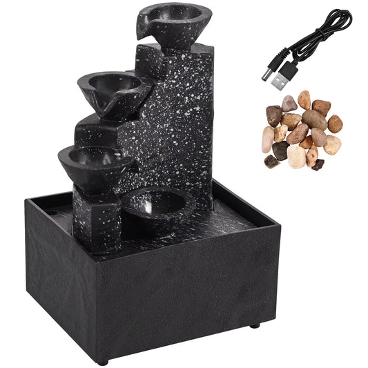 A stylish tabletop fountain featuring a soothing three-tier waterfall with warm LED lighting.