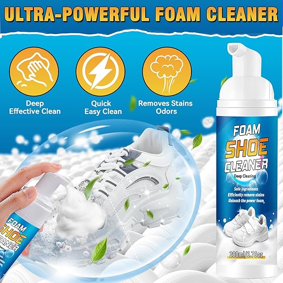 Shoe Cleaner, 200ml White Trainer Shoe Cleaner Foam, Powerful Stain Remover Shoe Cleaning Kit with Cleaning Brush & Cleaning Cloth for Shoes, Sneaker, Leather, Nubuck, Suede, Canvas