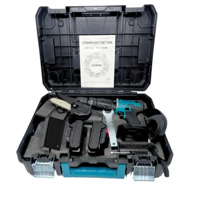 3-IN-1 Heavy Duty 48V Cordless Power Tools Combo Kit with Electric Drill, Angle Grinder & Mini Chain Saw, Fast Charger & Protective Carry Case