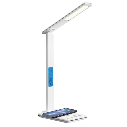 مصباح مكتب LED لاسلكي XPower WDL6 6 في 1 بقوة 15 وات مع ساعة منبه متعددة الوظائف - أبيض (عرض المنتج)