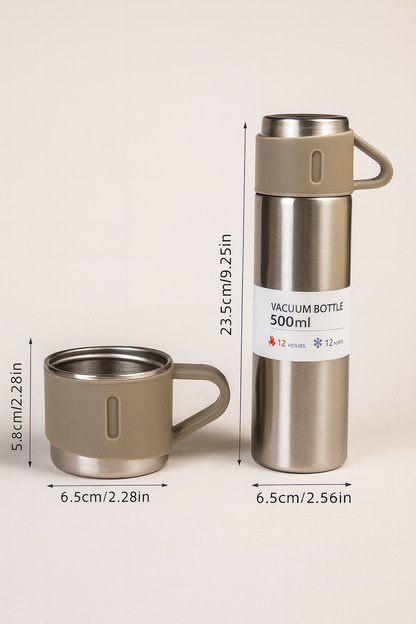 500ml Stainless Steel Double Wall Vacuum Flask with 3 Cup Lids – 12 Hours Hot & Cold Insulated Bottle for Outdoor, Office & Travel Use