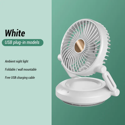 Foldable Rechargeable Desk Fan with Night Light & 3-Speed Powerful Airflow – Wall Mountable & Compact Travel Cooling Solution