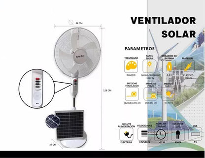 3-in-1 Rechargeable Solar Standing Fan – 16 Inch | Adjustable Height, LED Light, Speed Control & USB Charging Port