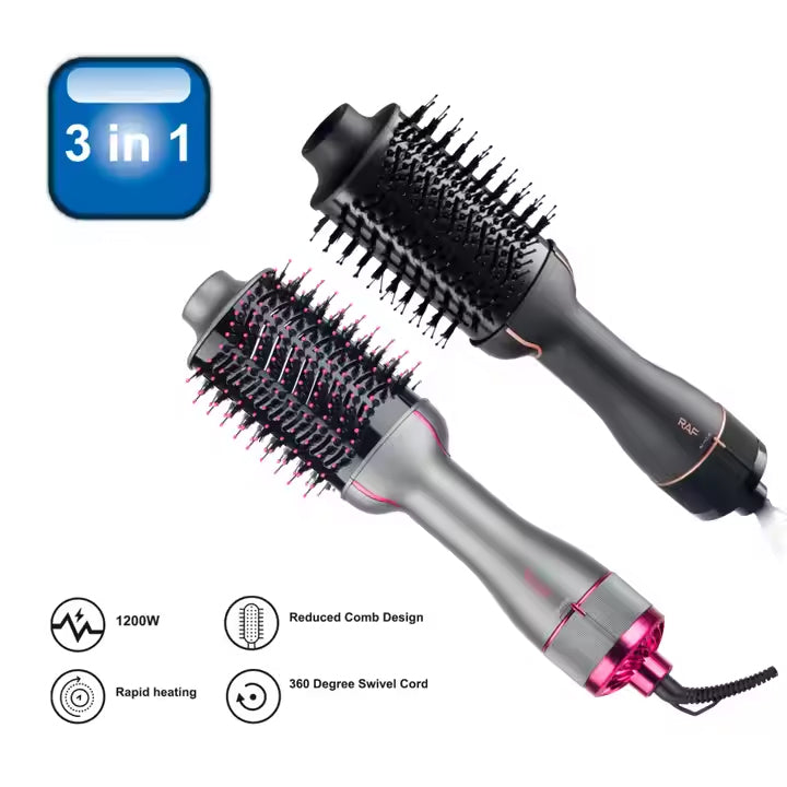 RAF 3-in-1 Hot Air Brush Hair Dryer Comb with Ceramic Coating, Adjustable Temperature, and 360° Swivel Cord – 1200W