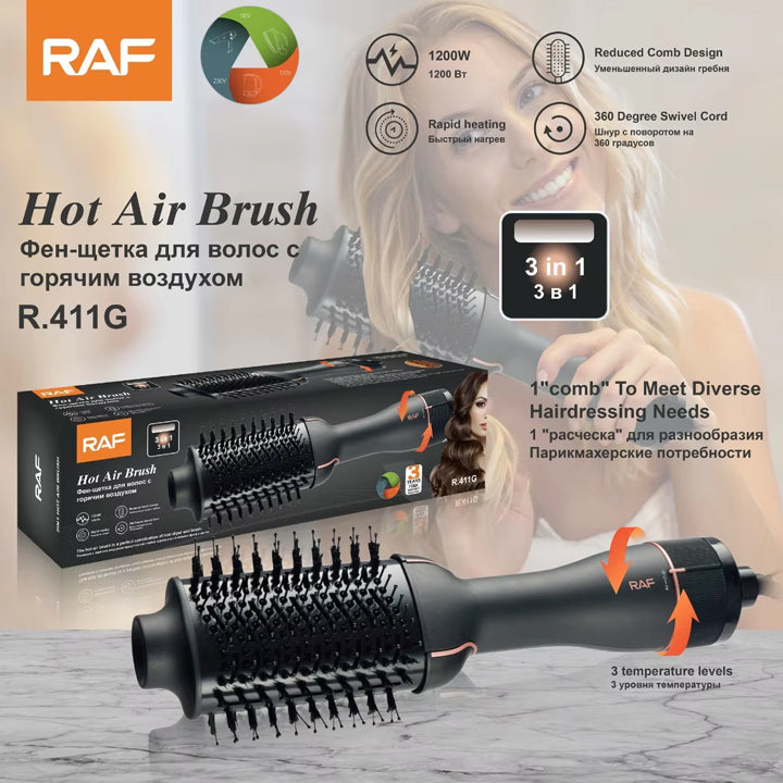 RAF 3-in-1 Hot Air Brush Hair Dryer Comb with Ceramic Coating, Adjustable Temperature, and 360° Swivel Cord – 1200W