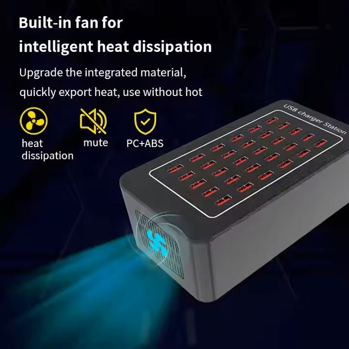 30-Port USB Charging Station with Fast Charging, Smart Ports, and Fireproof Material - 200W