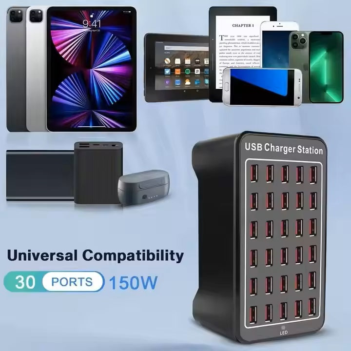 30-Port USB Charging Station with Fast Charging, Smart Ports, and Fireproof Material - 200W