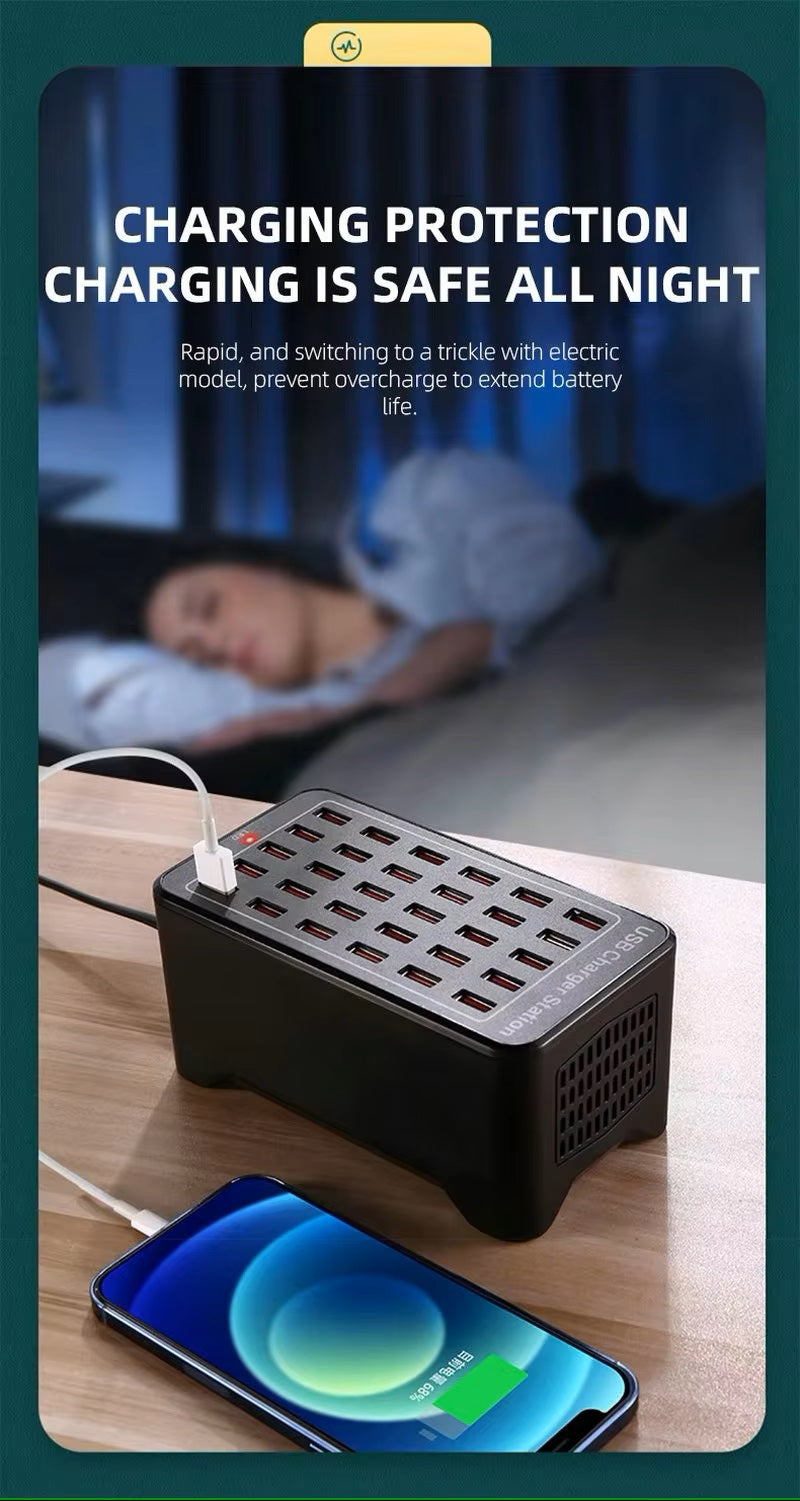 30-Port USB Charging Station with Fast Charging, Smart Ports, and Fireproof Material - 200W