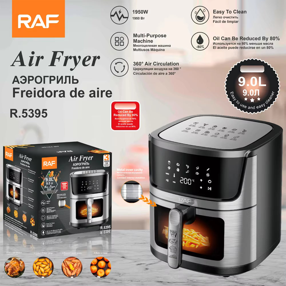 RAF 9L Digital Air Fryer with Touch Screen, 360° Hot Air Circulation, Oil-Free Cooking, Multipurpose Family-Sized Fryer - 1950W