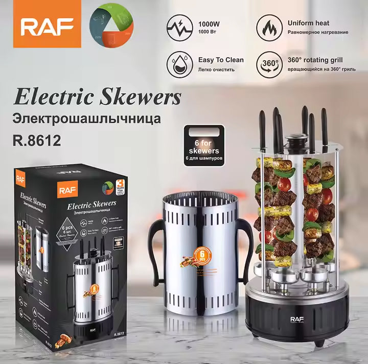 RAF Electric Skewers BBQ Machine with Automatic Rotation and 6 Skewers for Grilling - 1000W