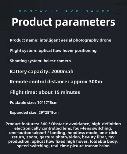 Power Aerial Smart RC Dual HD Camera Quadcopter Drone with 50X Zoom and 4“ LED Screen Remote, 360° Obstacle Avoidance, Optical Flow Hover, Gesture Control