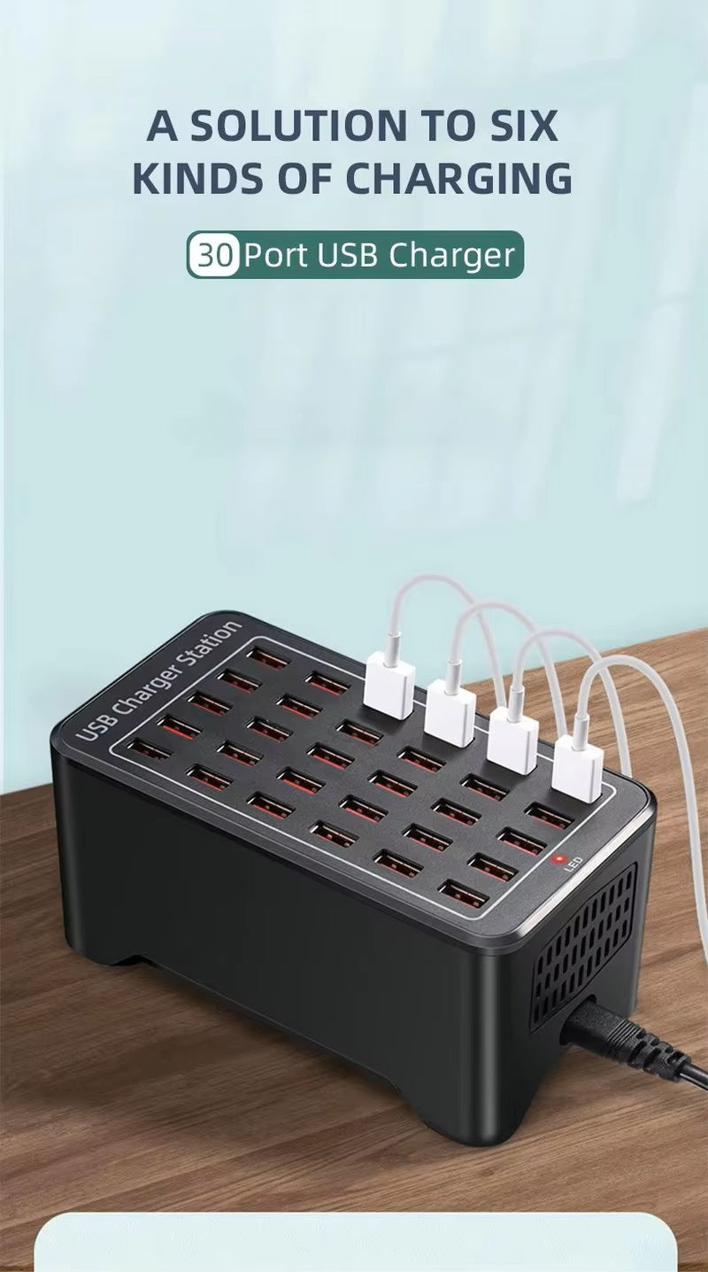 30-Port USB Charging Station with Fast Charging, Smart Ports, and Fireproof Material - 200W