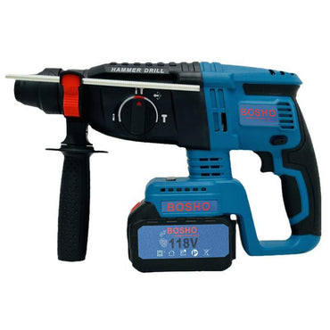 BOSHO Heavy Duty 118V Cordless Hammer Drill with Dual Battery, SDS Plus Chuck, Multi-Function Rotary Hammer & Gear Modulus Design for Concrete, Metal & Wood