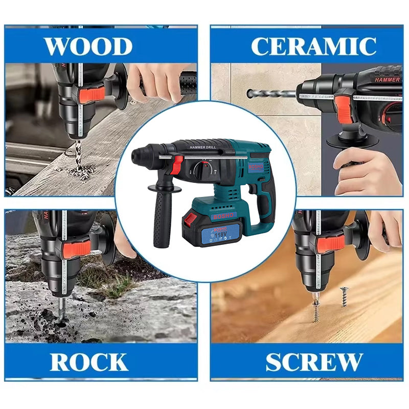 مثقاب مطرقة لاسلكي عالي التحمل من بوشو بقوة 118 فولت مع بطارية مزدوجة، ومشبك تثبيت SDS Plus، ومطرقة دوارة متعددة الوظائف، وتصميم وحدة تروس للخرسانة والمعادن والخشب