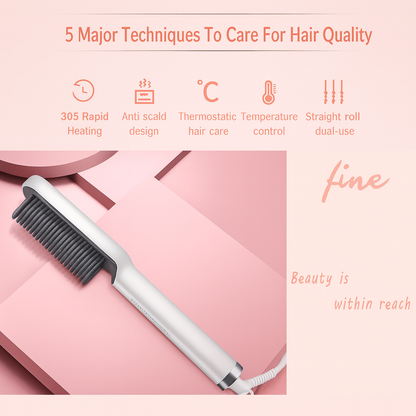 Professional Hair Straightening Hot Brush with 5 Temperature Levels, Anti-Scald Design & Dual Straightener Curler Function for All Hair Types
