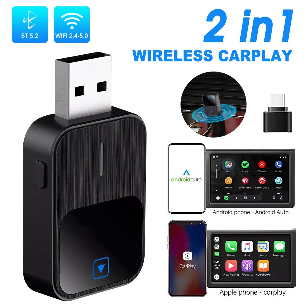 2-in-1 Wireless CarPlay & Android Auto USB Adapter with Bluetooth 5.3, Dual-Band WiFi, Voice Control & Multi-Car Compatibility – Plug & Play Smart Connection for iOS & Android Devices