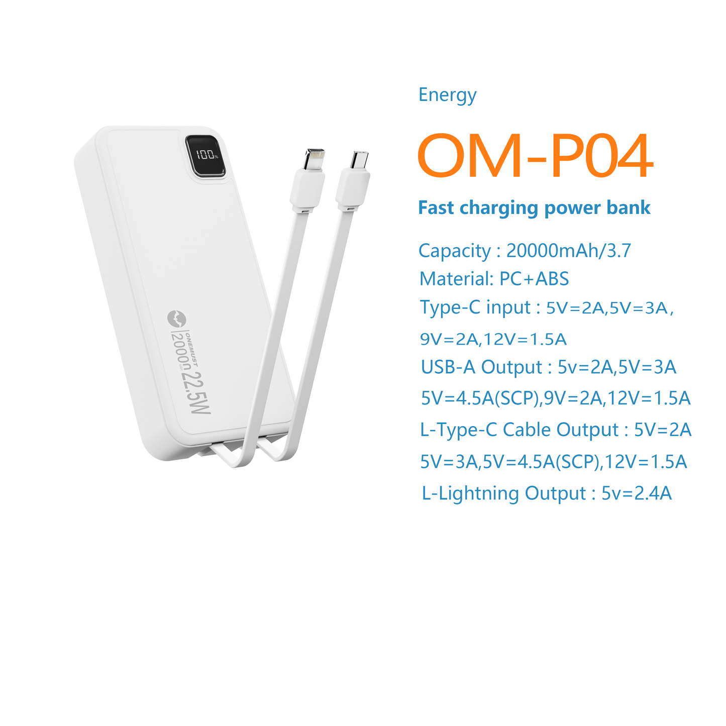 السعة 20000 مللي أمبير/ساعة/3.7 فولت، اللون: أسود/أبيض