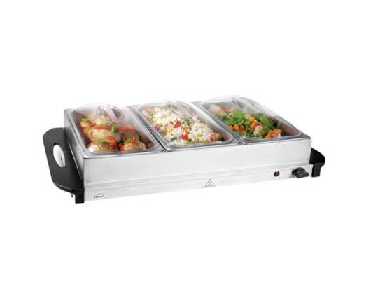 3 Section Electric Buffet Server & Warming Tray with Adjustable Thermostat - 300W