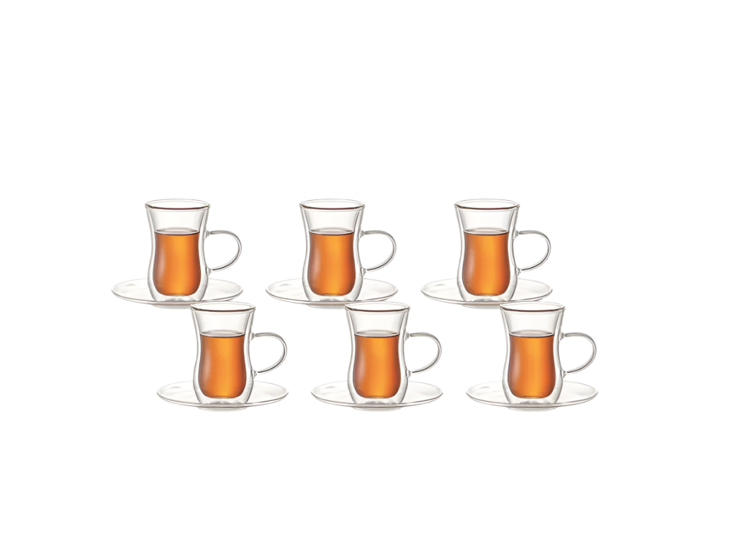 Aramoro Gold Decal 12 Pcs Set 100 ML Borosilicate Double Wall Glass 6 Pcs Teacup + 6 Pcs Saucer