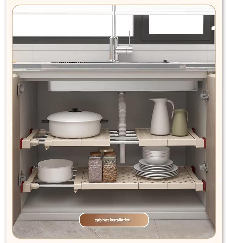 Adjustable Telescopic Shelf Rack with Stainless Steel Reinforced Pipes, Anti-Slip Grip & Expandable Design for Bathroom, Kitchen & Closet Storage Organization