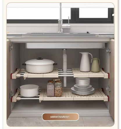 Adjustable Telescopic Shelf Rack with Stainless Steel Reinforced Pipes, Anti-Slip Grip & Expandable Design for Bathroom, Kitchen & Closet Storage Organization