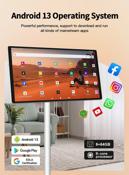 24” Touchscreen FHD Smart TV with Stand, Android 13, 6GB RAM + 64GB Storage, MediaTek MT8788 chipset with integrated GPU, 8MP Camera, 10000mAh Battery, Multi-Swivel Rotation & Remote