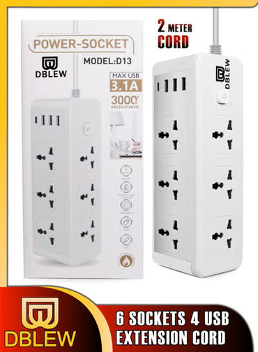 3000W Universal Power Socket Extension with 6 AC Outlets, 3 Smart USB Ports, Type-C Slot & Surge Protection – 2M Cord with Overload Safety - Multi-Plug Tower Adapter