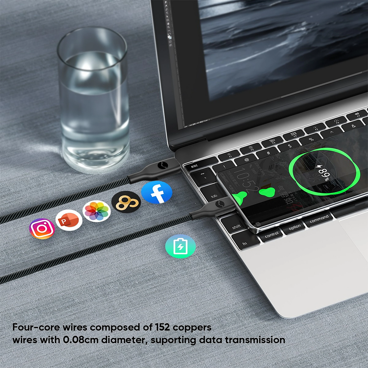 مخرج 5 فولت - 3 أمبير، طول 1 متر، مصنوع من مادة وقماش، معدل نقل 480 ميجابت في الثانية