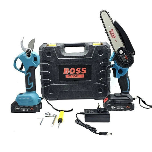 BOSS 2-in-1 Cordless Pruning Scissors & Mini Handheld Chainsaw Kit