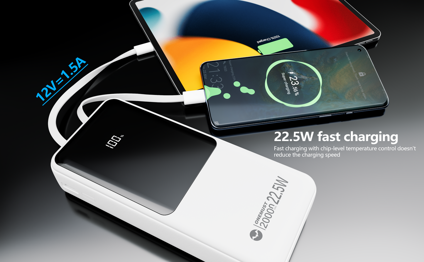 السعة 20000 مللي أمبير/ساعة/3.7 فولت، اللون: أسود/أبيض