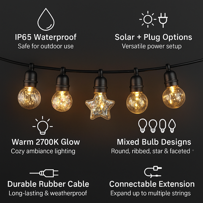 Decorative Solar LED String Lights with Multiple Bulb Designs for Indoor & Outdoor Use - 5 Meters - 10 Bulbs - Waterproof