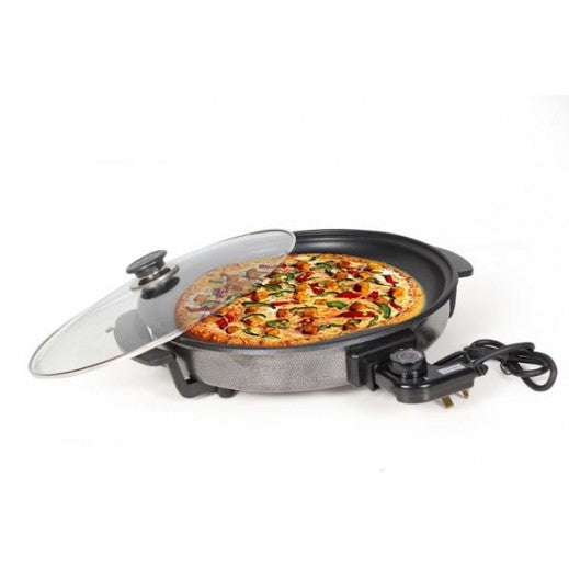 Large 42cm Electric Pizza Pan with 9cm Depth, Non-Stick Coating, Adjustable Thermostat & Glass Lid